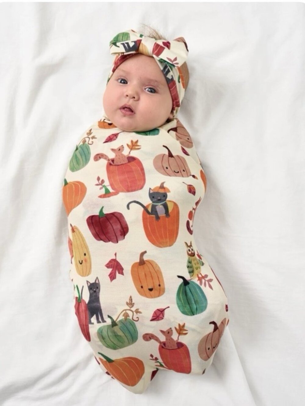 NIB Little Sleepies Pumpkin Pals Swaddle & Luxe Bow Headband Halloween Photo